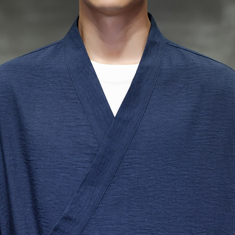Buddha Stones Spring Tang Style Minimalist Drawstring Solid Men's Kimono With Pocket - image 12