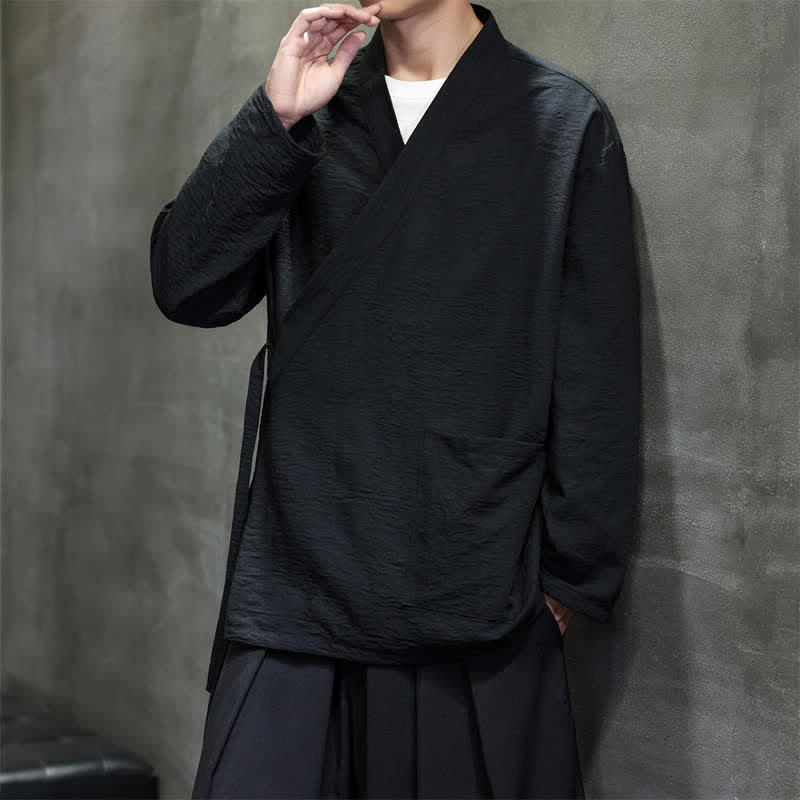 Buddha Stones Spring Tang Style Minimalist Drawstring Solid Men's Kimono With Pocket - image 22