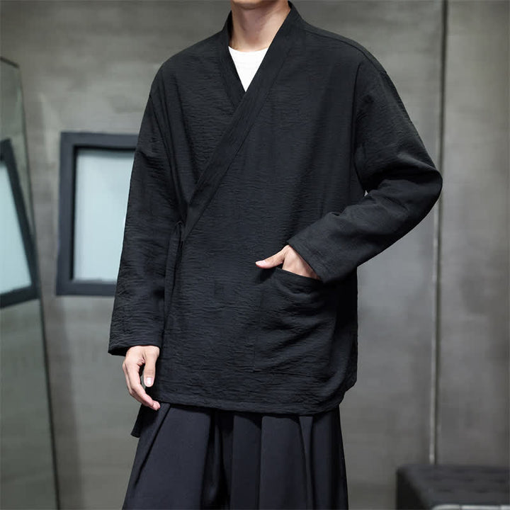 Buddha Stones Spring Tang Style Minimalist Drawstring Solid Men's Kimono With Pocket - image 21