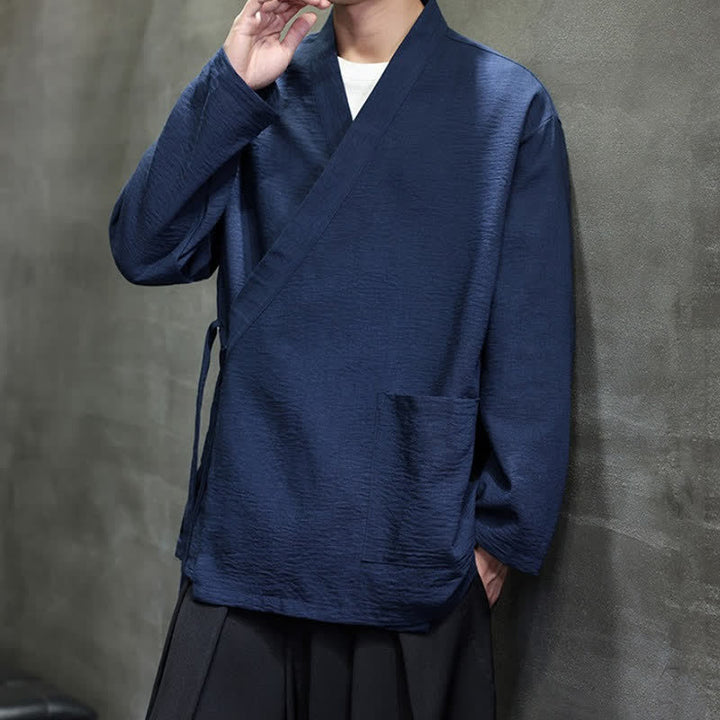 Buddha Stones Spring Tang Style Minimalist Drawstring Solid Men's Kimono With Pocket - image 8