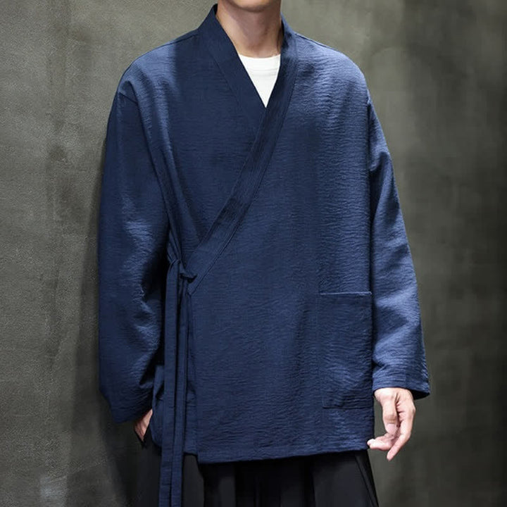 Buddha Stones Spring Tang Style Minimalist Drawstring Solid Men's Kimono With Pocket - image 7