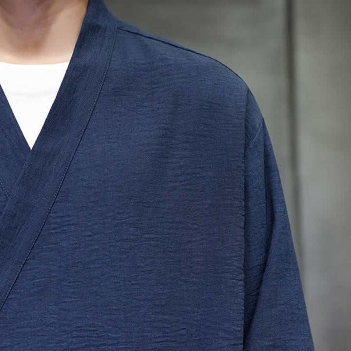 Buddha Stones Spring Tang Style Minimalist Drawstring Solid Men's Kimono With Pocket - image 13