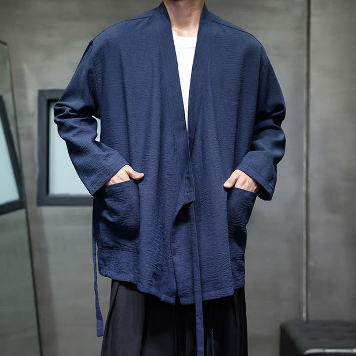 Buddha Stones Spring Tang Style Minimalist Drawstring Solid Men's Kimono With Pocket - image 9