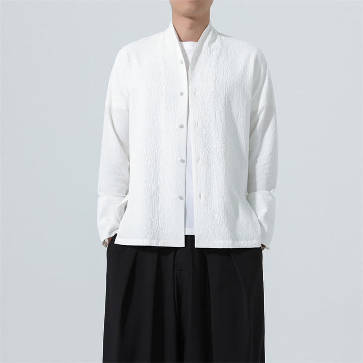Buddha Stones Fall Classic Tang Style Button-Up Side Slit Solid Men's Long Sleeve Shirts - White - US/UK/AU48，EU58(5XL) - image 9
