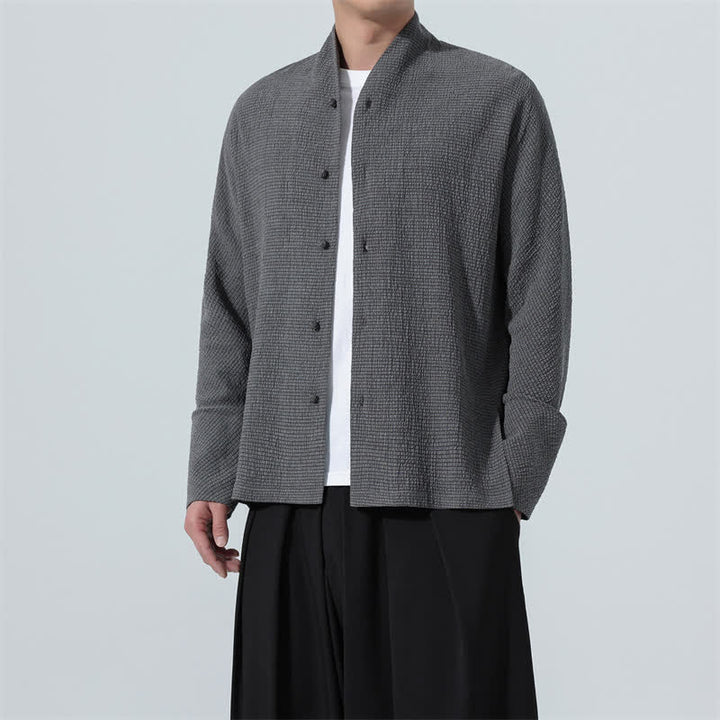 Buddha Stones Fall Classic Tang Style Button-Up Side Slit Solid Men's Long Sleeve Shirts - DarkSlateGray - US/UK/AU48，EU58(5XL) - image 0