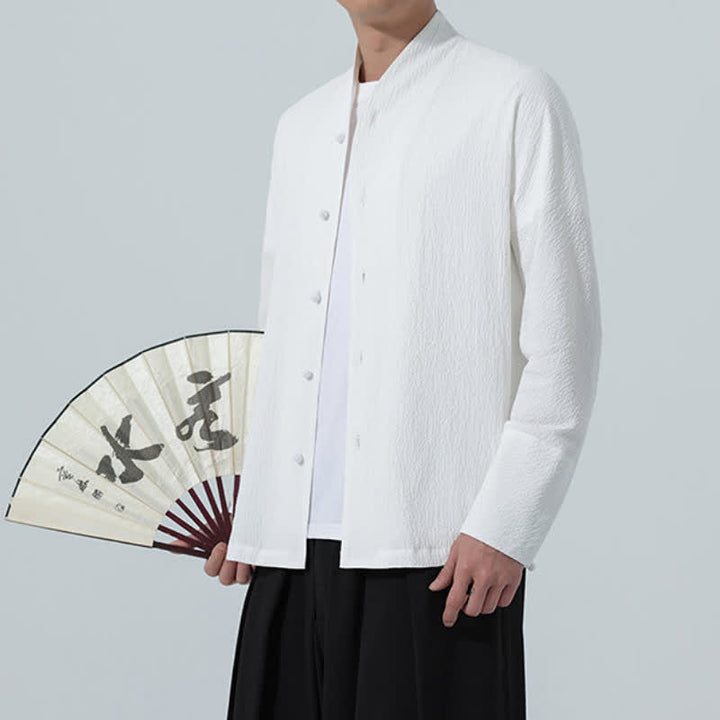 Buddha Stones Fall Classic Tang Style Button-Up Side Slit Solid Men's Long Sleeve Shirts - image 12