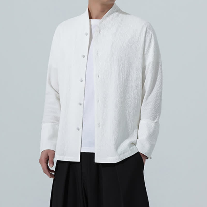 Buddha Stones Fall Classic Tang Style Button-Up Side Slit Solid Men's Long Sleeve Shirts - image 15
