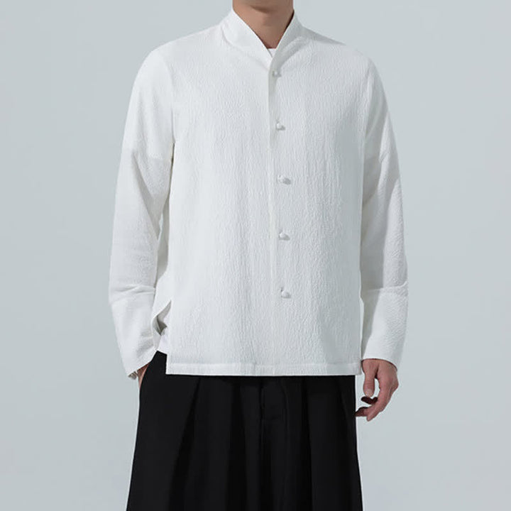 Buddha Stones Fall Classic Tang Style Button-Up Side Slit Solid Men's Long Sleeve Shirts - image 10