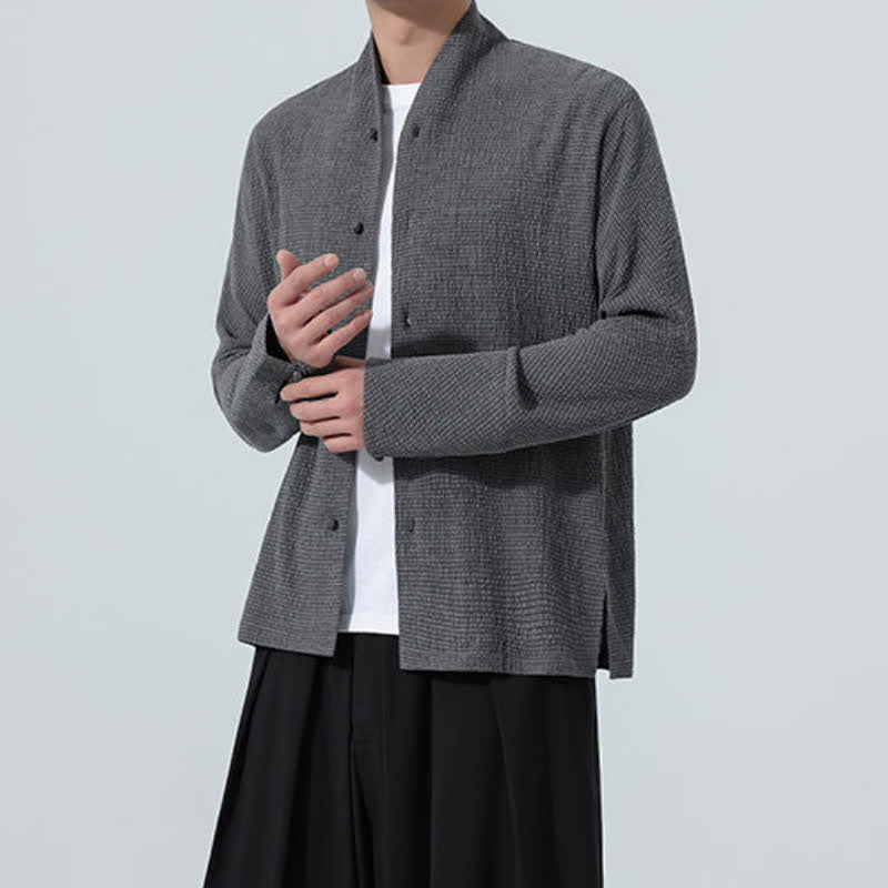 Buddha Stones Fall Classic Tang Style Button-Up Side Slit Solid Men's Long Sleeve Shirts - image 1
