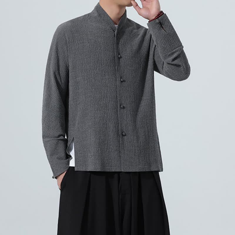 Buddha Stones Fall Classic Tang Style Button-Up Side Slit Solid Men's Long Sleeve Shirts - image 5