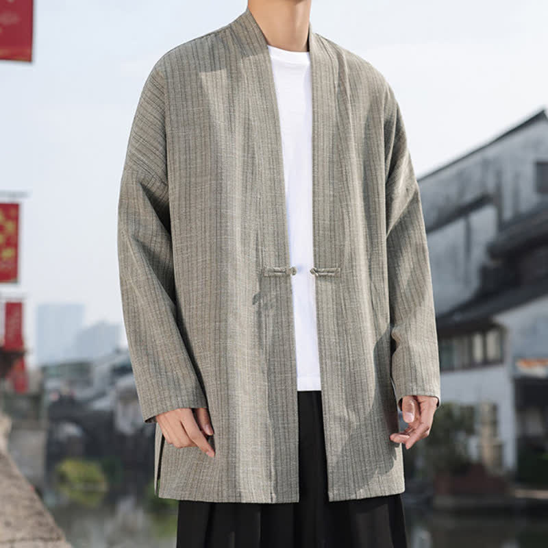 Buddha Stones Spring Tang Style Minimalist One Frog Button Solid Men's Kimono - image 2