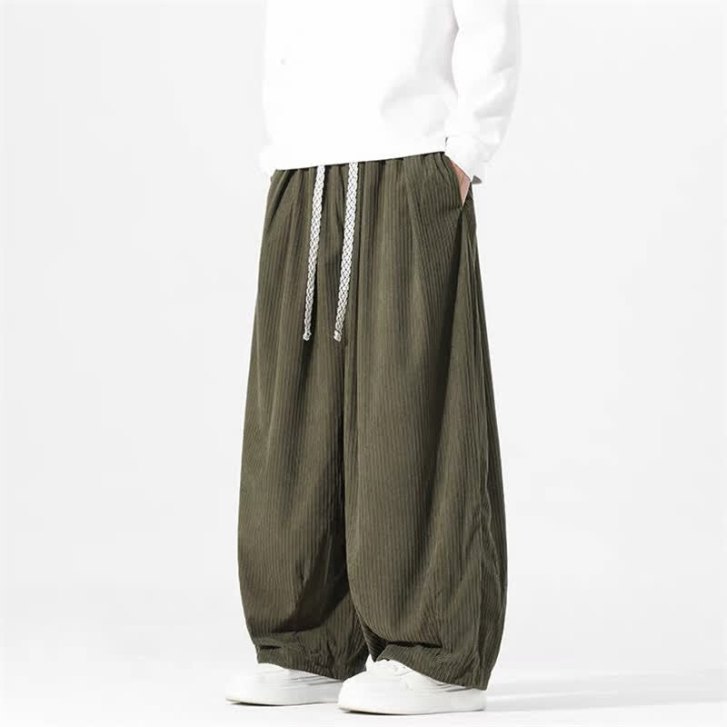 Buddha Stones Spring Fall Basic Drawstring Solid Ankle Pants Corduroy Men's Straight Leg Pants With Pockets - DarkOliveGreen - US/UK/AU46，EU56 (5XL) - image 0