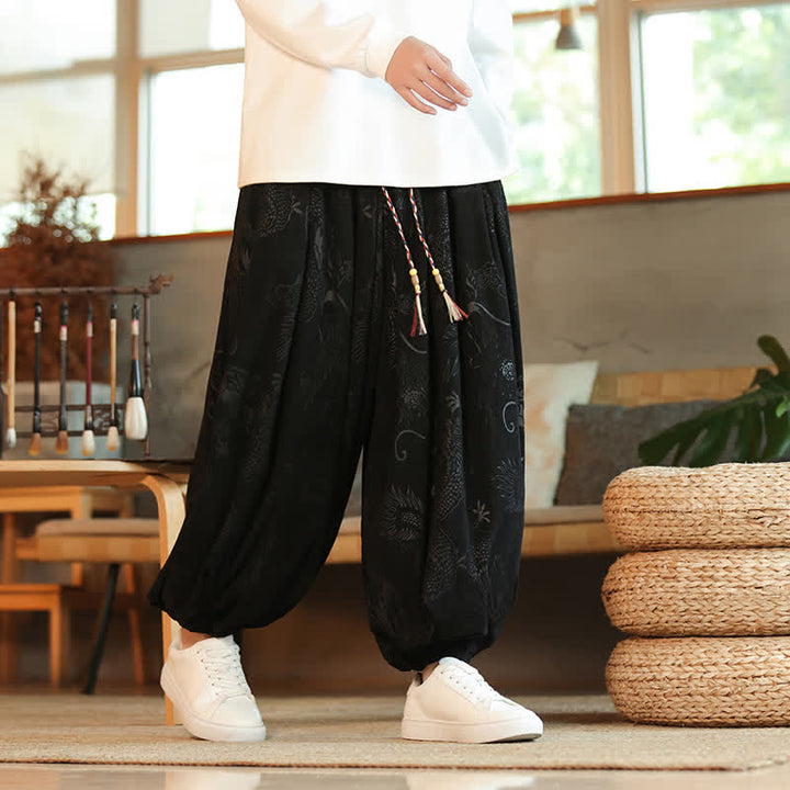 Buddha Stones Spring Fall Retro Casual Drawstring Dragon Pattern Ankle Pants Corduroy Men's Harem Pants With Pockets - Black - US/UK/AU46，EU56 (5XL) - image 8