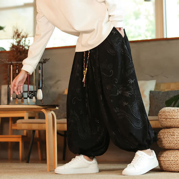 Buddha Stones Spring Fall Retro Casual Drawstring Dragon Pattern Ankle Pants Corduroy Men's Harem Pants With Pockets - image 13