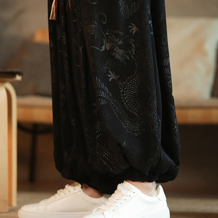 Buddha Stones Spring Fall Retro Casual Drawstring Dragon Pattern Ankle Pants Corduroy Men's Harem Pants With Pockets - image 18