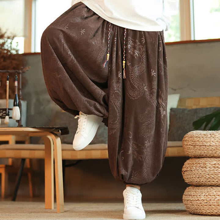 Buddha Stones Spring Fall Retro Casual Drawstring Dragon Pattern Ankle Pants Corduroy Men's Harem Pants With Pockets - image 6