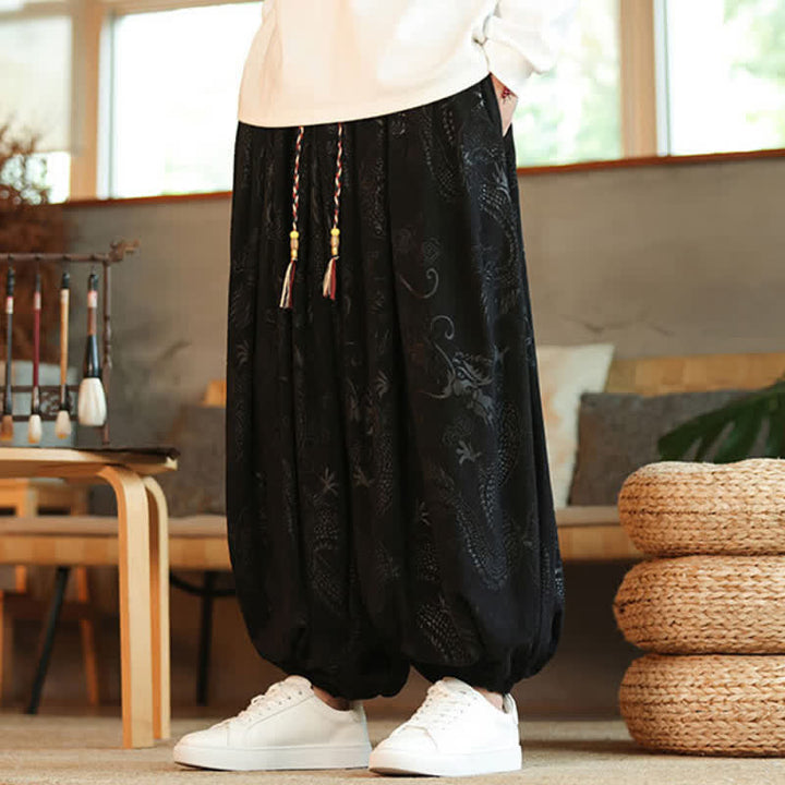Buddha Stones Spring Fall Retro Casual Drawstring Dragon Pattern Ankle Pants Corduroy Men's Harem Pants With Pockets - image 9