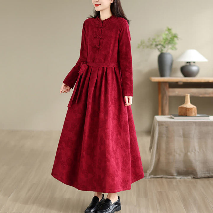 Buddha Stones Fall Winter Elegant Tang Style Frog Button Red Peony Pattern Cotton Linen Women's Long Sleeve Dress With Pocket - image 2