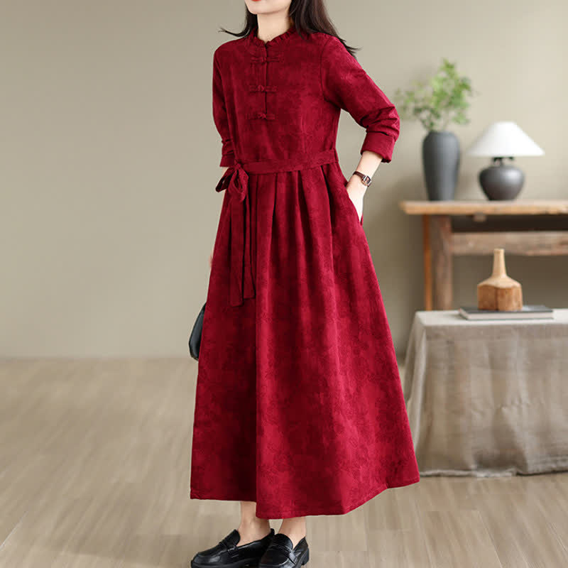 Buddha Stones Fall Winter Elegant Tang Style Frog Button Red Peony Pattern Cotton Linen Women's Long Sleeve Dress With Pocket - image 3