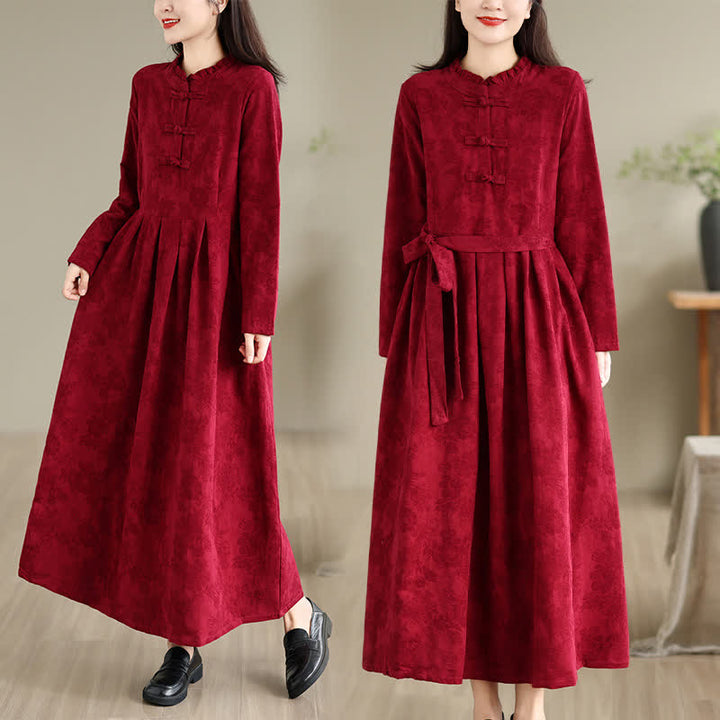 Buddha Stones Fall Winter Elegant Tang Style Frog Button Red Peony Pattern Cotton Linen Women's Long Sleeve Dress With Pocket - image 7