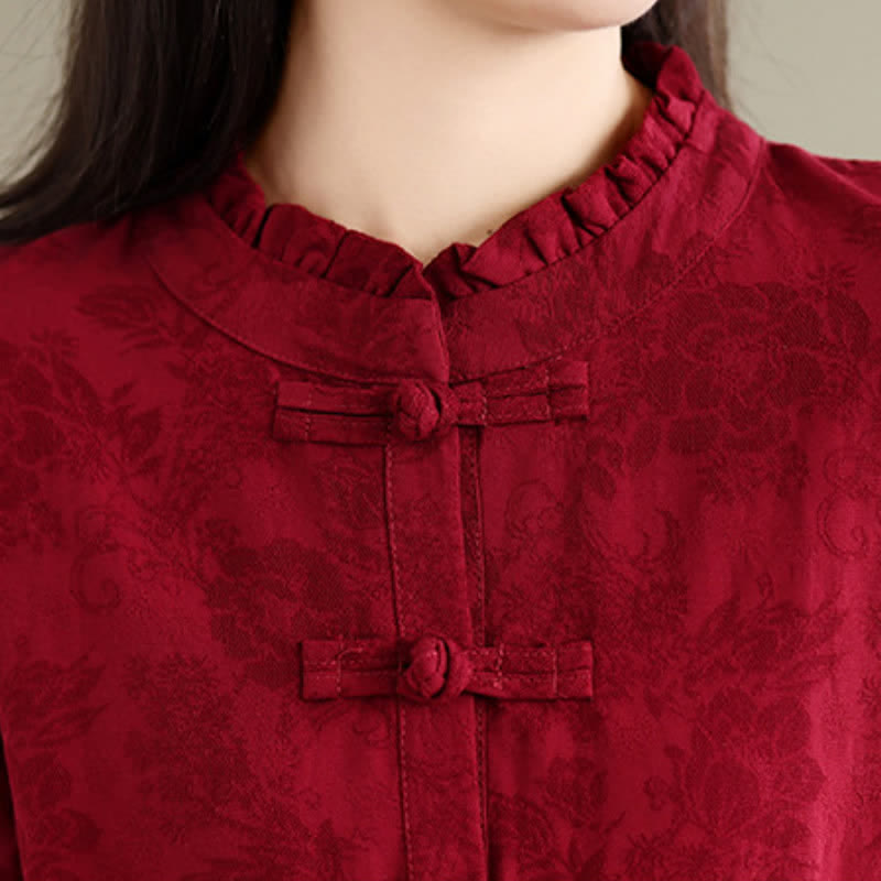 Buddha Stones Fall Winter Elegant Tang Style Frog Button Red Peony Pattern Cotton Linen Women's Long Sleeve Dress With Pocket - image 9