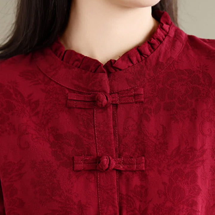 Buddha Stones Fall Winter Elegant Tang Style Frog Button Red Peony Pattern Cotton Linen Women's Long Sleeve Dress With Pocket - image 9