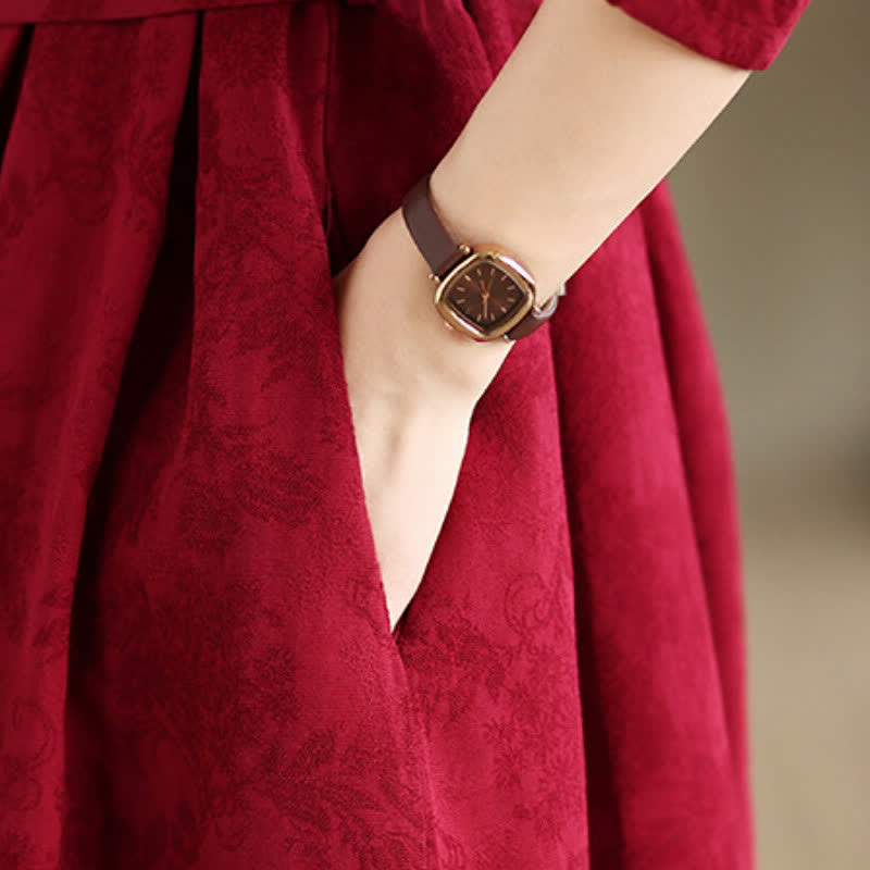 Buddha Stones Fall Winter Elegant Tang Style Frog Button Red Peony Pattern Cotton Linen Women's Long Sleeve Dress With Pocket - image 11