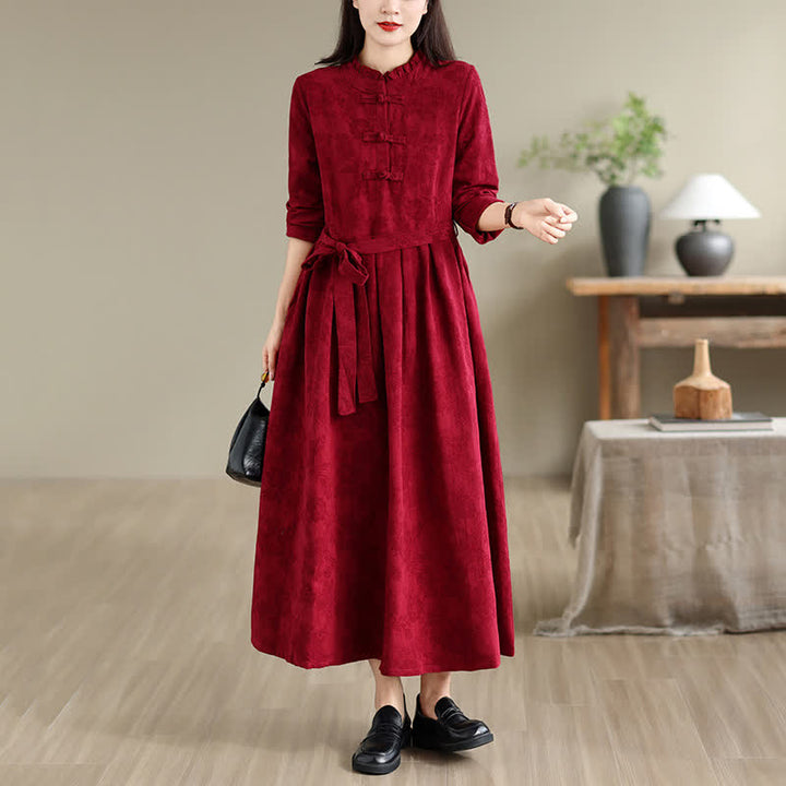 Buddha Stones Fall Winter Elegant Tang Style Frog Button Red Peony Pattern Cotton Linen Women's Long Sleeve Dress With Pocket - DarkRed - US8-10，UK/AU12-14，EU40-42 (2XL) - image 0