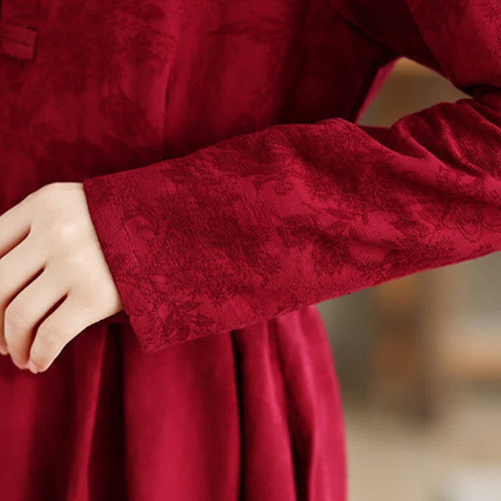 Buddha Stones Fall Winter Elegant Tang Style Frog Button Red Peony Pattern Cotton Linen Women's Long Sleeve Dress With Pocket - image 12
