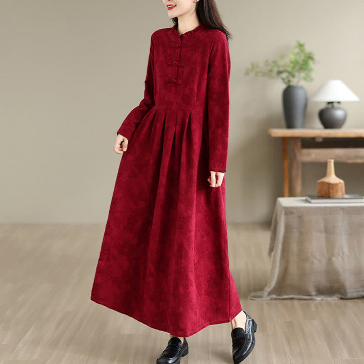 Buddha Stones Fall Winter Elegant Tang Style Frog Button Red Peony Pattern Cotton Linen Women's Long Sleeve Dress With Pocket - image 6