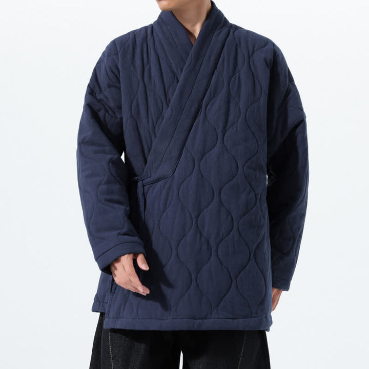 Buddha Stones Fall Winter Minimalist Tang Style Wrap-front Drawstring Thickened Padded Design Solid Men's Kimono With Pockets - MidnightBlue - US/UK/AU46，EU56 (5XL) - image 0