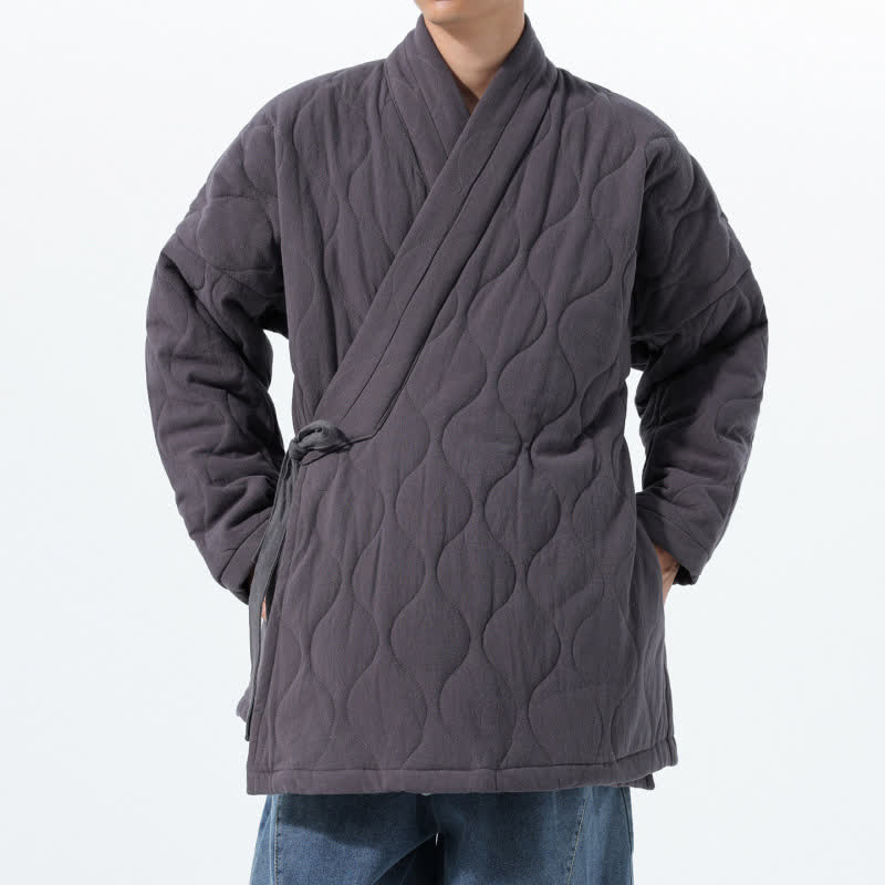 Buddha Stones Fall Winter Minimalist Tang Style Wrap-front Drawstring Thickened Padded Design Solid Men's Kimono With Pockets - image 14