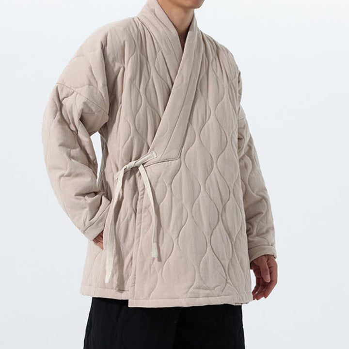 Buddha Stones Fall Winter Minimalist Tang Style Wrap-front Drawstring Thickened Padded Design Solid Men's Kimono With Pockets - image 29