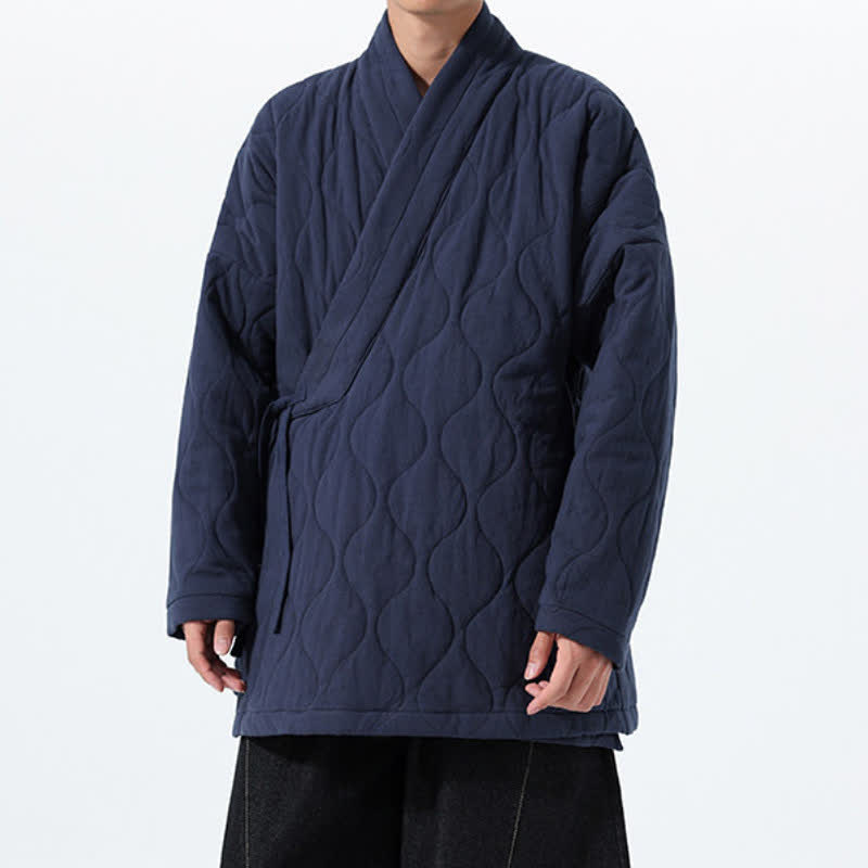Buddha Stones Fall Winter Minimalist Tang Style Wrap-front Drawstring Thickened Padded Design Solid Men's Kimono With Pockets - image 6