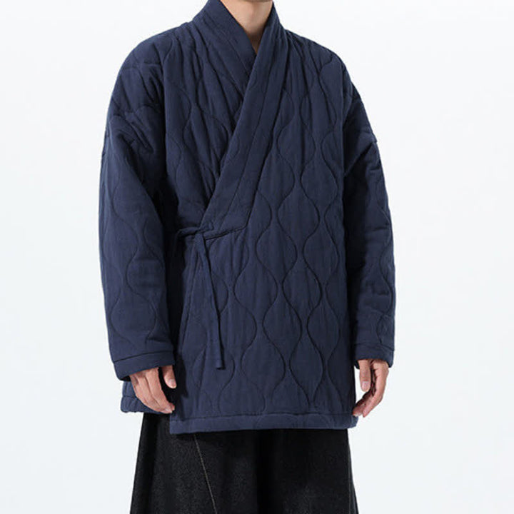 Buddha Stones Fall Winter Minimalist Tang Style Wrap-front Drawstring Thickened Padded Design Solid Men's Kimono With Pockets - image 5