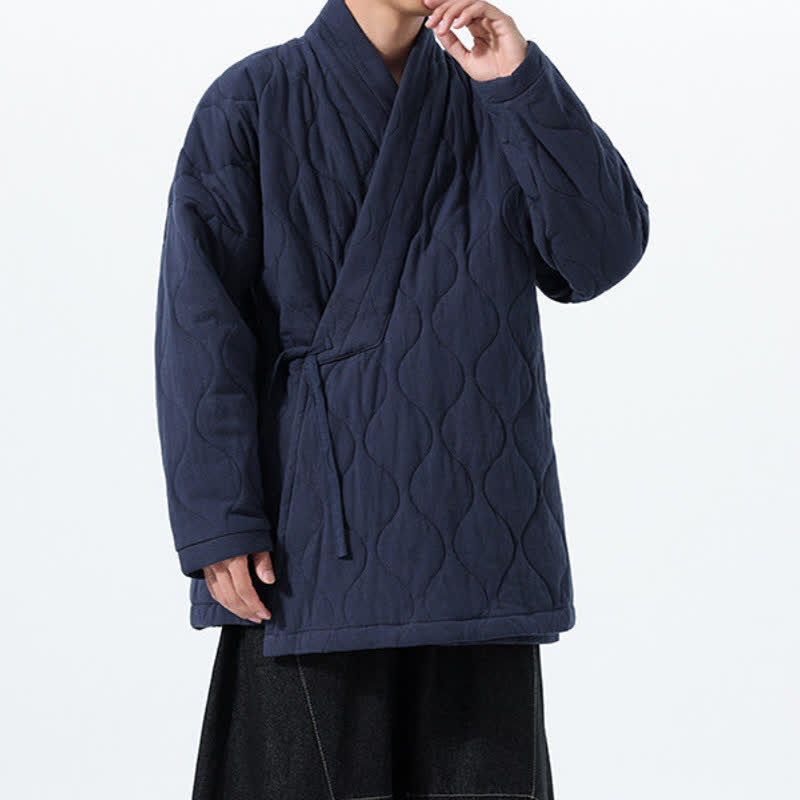 Buddha Stones Fall Winter Minimalist Tang Style Wrap-front Drawstring Thickened Padded Design Solid Men's Kimono With Pockets - image 3