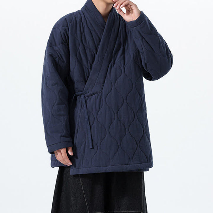 Buddha Stones Fall Winter Minimalist Tang Style Wrap-front Drawstring Thickened Padded Design Solid Men's Kimono With Pockets - image 3
