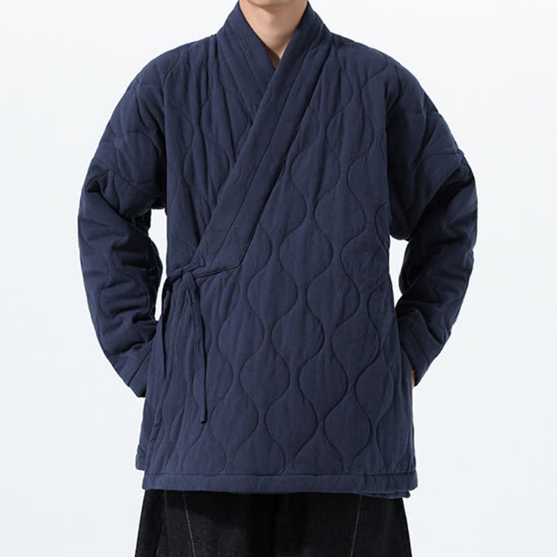 Buddha Stones Fall Winter Minimalist Tang Style Wrap-front Drawstring Thickened Padded Design Solid Men's Kimono With Pockets - image 2