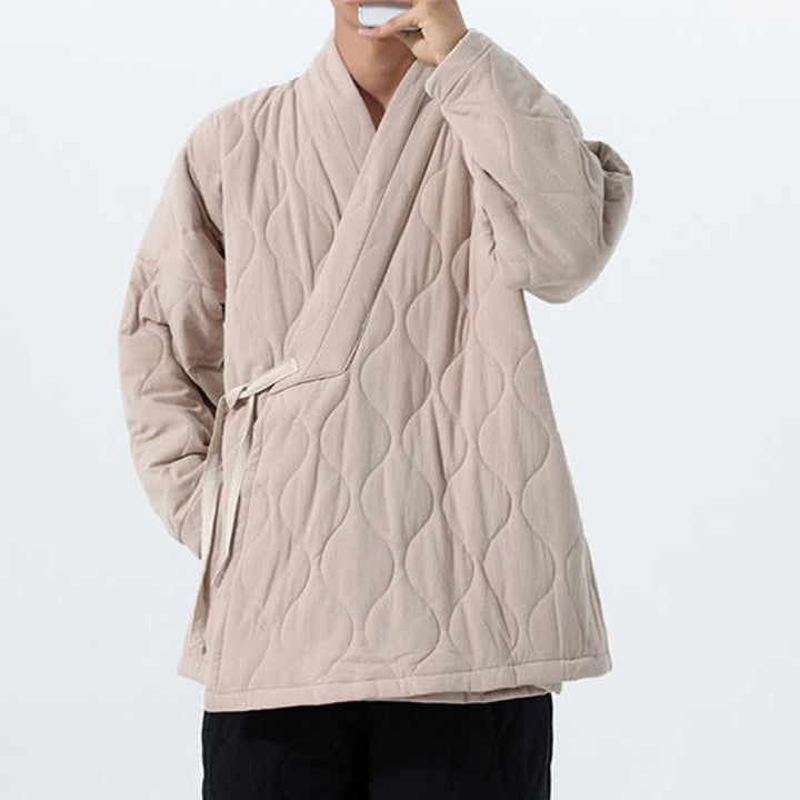 Buddha Stones Fall Winter Minimalist Tang Style Wrap-front Drawstring Thickened Padded Design Solid Men's Kimono With Pockets - image 32