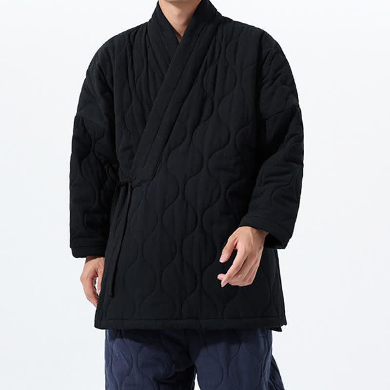 Buddha Stones Fall Winter Minimalist Tang Style Wrap-front Drawstring Thickened Padded Design Solid Men's Kimono With Pockets - image 23