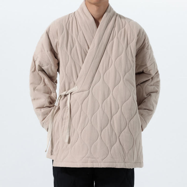 Buddha Stones Fall Winter Minimalist Tang Style Wrap-front Drawstring Thickened Padded Design Solid Men's Kimono With Pockets - image 28