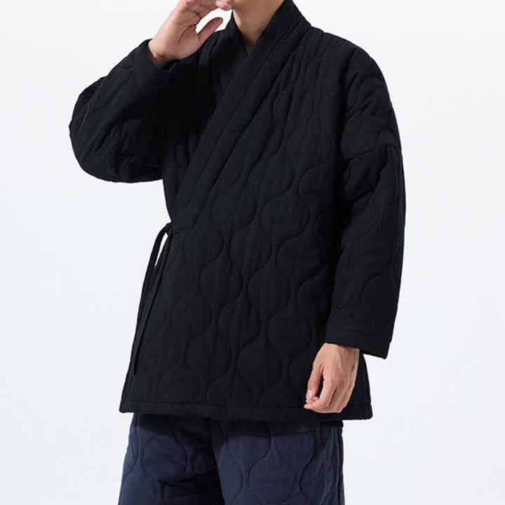 Buddha Stones Fall Winter Minimalist Tang Style Wrap-front Drawstring Thickened Padded Design Solid Men's Kimono With Pockets - image 20
