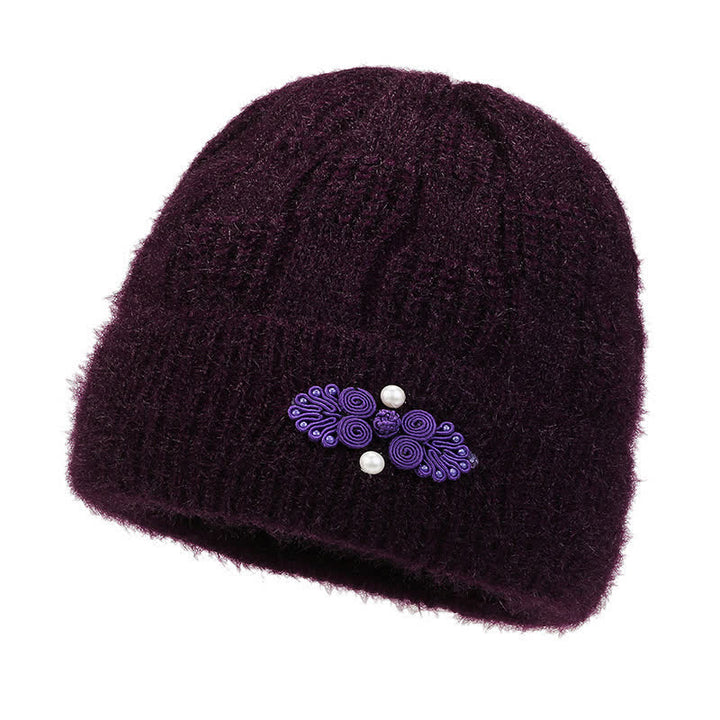 Buddha Stones Fall Winter Ribbed Knit Floral Fleece-lined Thickened Women's Hat - Purple - image 11
