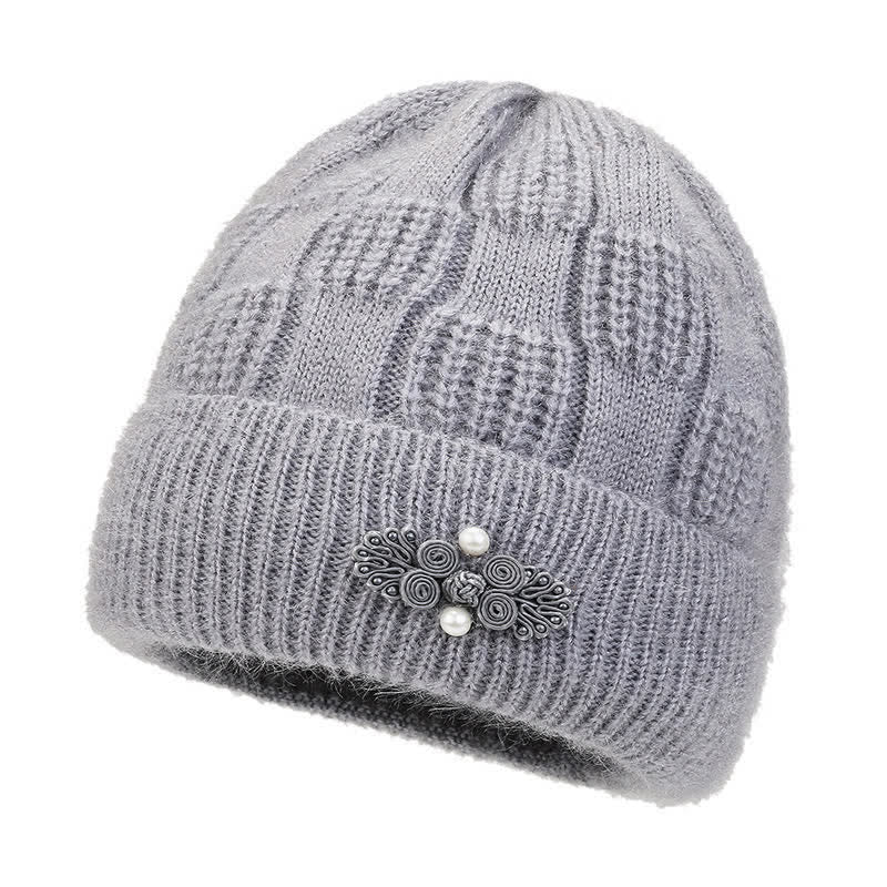Buddha Stones Fall Winter Ribbed Knit Floral Fleece-lined Thickened Women's Hat - DarkGray - image 0