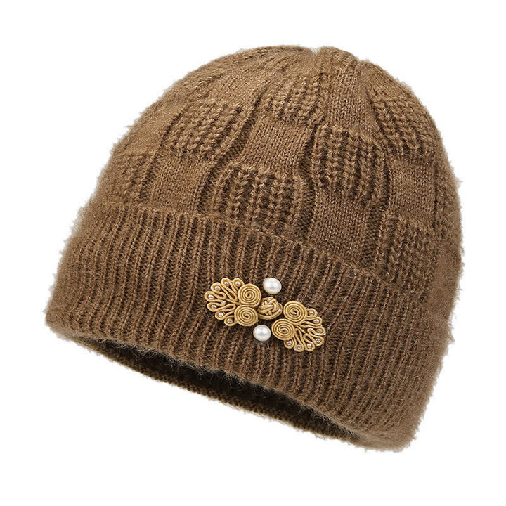 Buddha Stones Fall Winter Ribbed Knit Floral Fleece-lined Thickened Women's Hat - Khaki - image 9