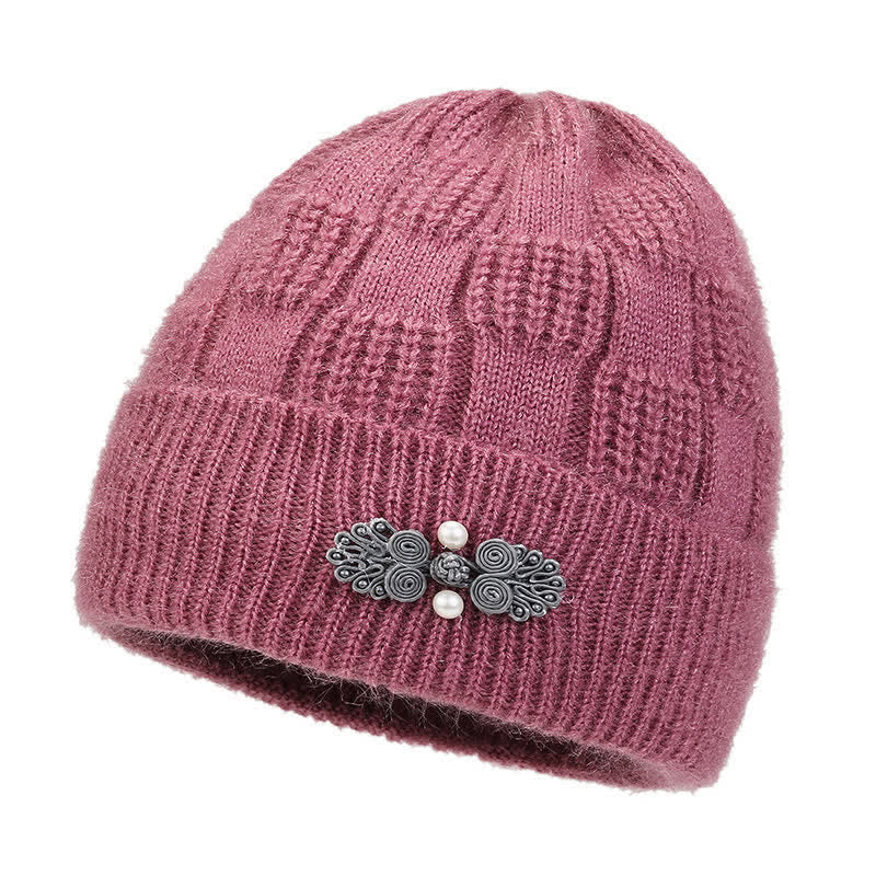 Buddha Stones Fall Winter Ribbed Knit Floral Fleece-lined Thickened Women's Hat - PaleVioletRed - image 12