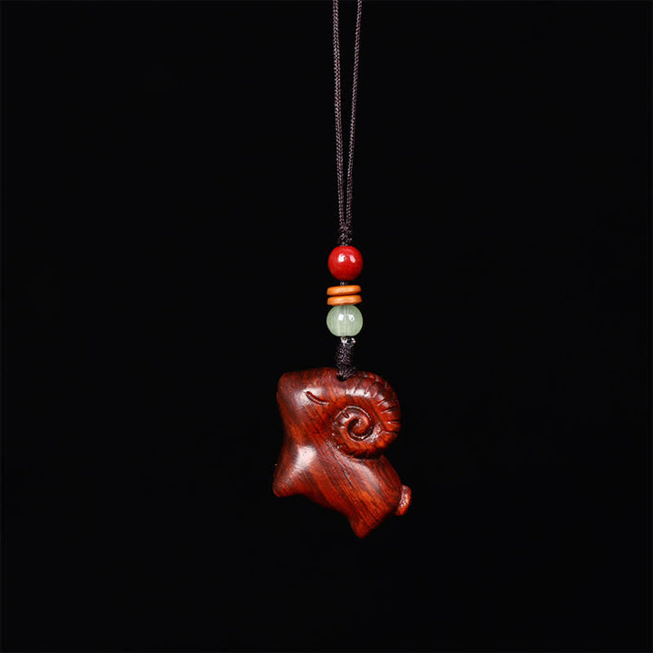 Buddha Stones Red Sandalwood Green Sandalwood Goat Luck Hand-Carved Fortune Keychains - Plain Rope - Red Sandalwood - image 2