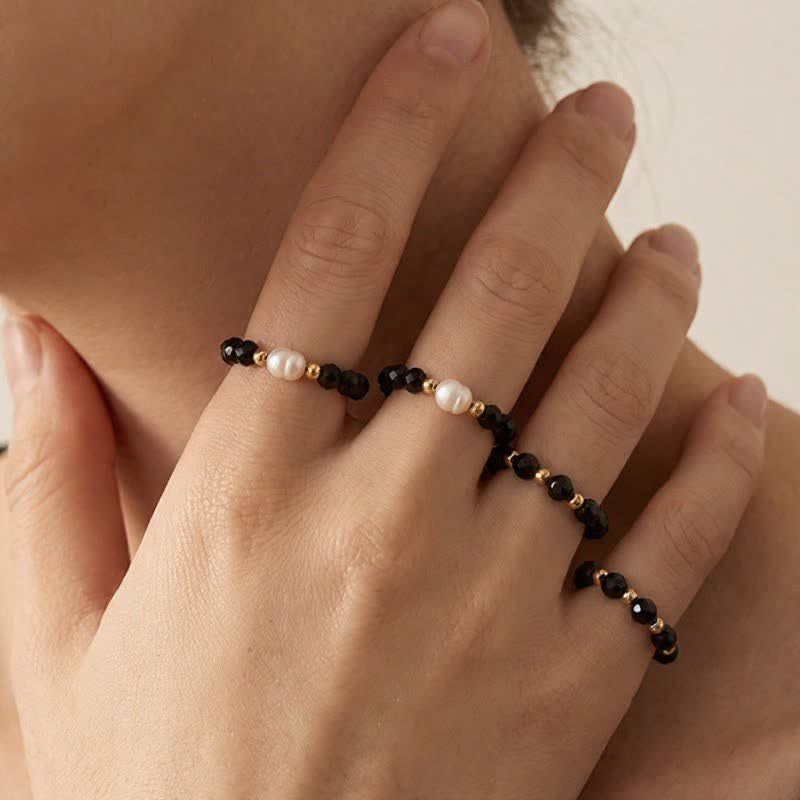 Buddha Stones Black Spinel Pearl Protection Faceted Stacking Ring - image 8