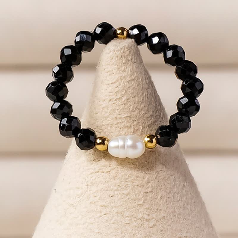 Buddha Stones Black Spinel Pearl Protection Faceted Stacking Ring - image 2