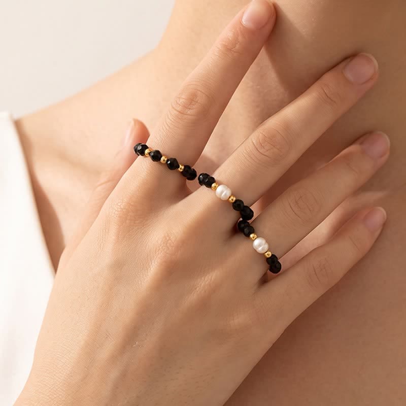 Buddha Stones Black Spinel Pearl Protection Faceted Stacking Ring - image 7